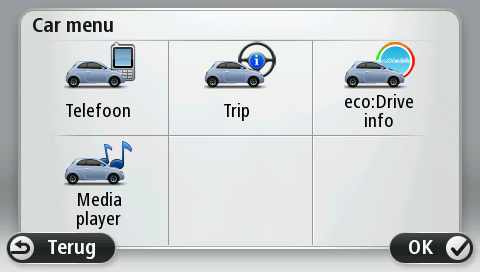 Het Car Menu ziet er als volgt uit voor de verschillende automerken: Telefoon Je kunt je Blue&Me-TomTom 2 LIVE-navigatiesysteem gebruiken om handsfree gesprekken te beheren.