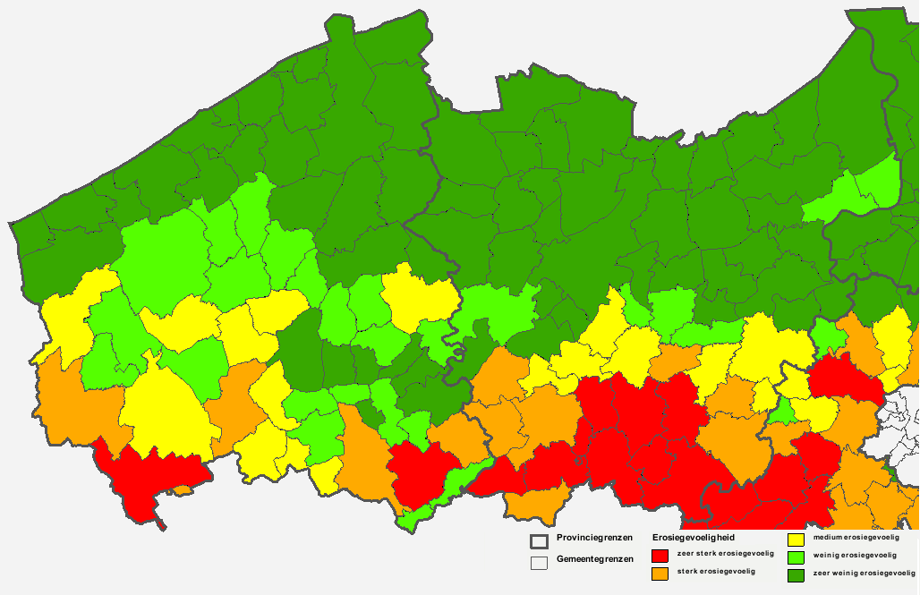 Figuur 3.6 Erosiegevoeligheid per gemeente in West- en Oost-Vlaanderen (bron: https://dov.vlaanderen.be/) 3.3.2 Watertekort in het landelijk gebied Alle KNMI 06-scenario s laten in 2050 een opwarming zien.