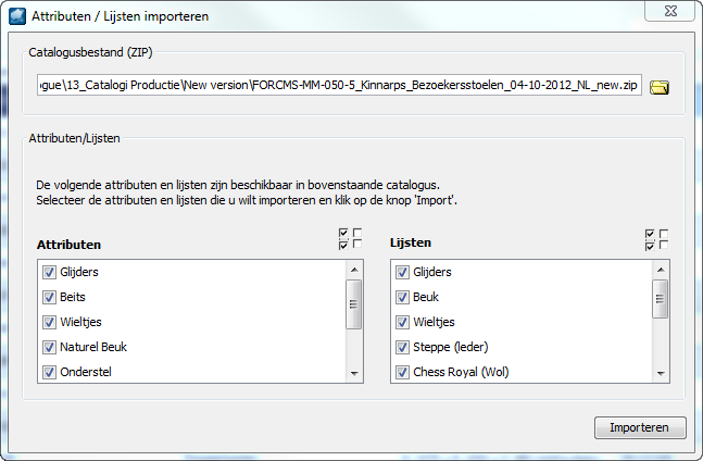 6.6 Attributen en lijsten importeren uit een bestaande catalogus Het is mogelijk om attributen te importeren uit een bestaande catalogus, zodat je die kan hergebruiken voor een nieuwe catalogus: Kies