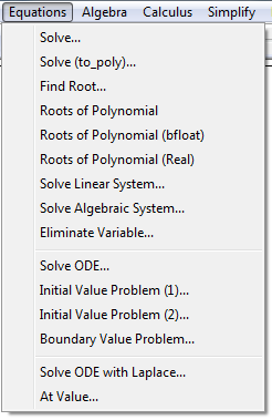 Oplossen van vergelijkingen en stelsels vergelijkingen Andere mogelijkheden In het menu Equations vinden we echter ook nog een aantal andere mogelijkheden om vergelijkingen op te lossen.