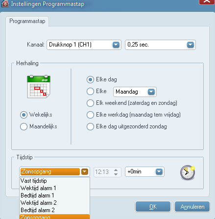 In het programma kan er gebruikt gemaakt worden van vaste tijdstippen, alarmtijden of zelfs zonsop- en zonsondergangtijden.