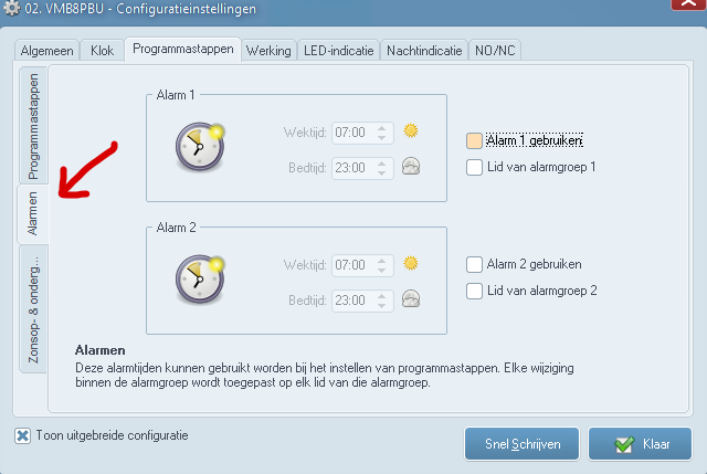 Alarmen Er werd reeds vermeld dat u ook gebruik kan maken van alarmtijden (zie boven) in uw programma. Deze kunnen ingesteld worden met de tab links.