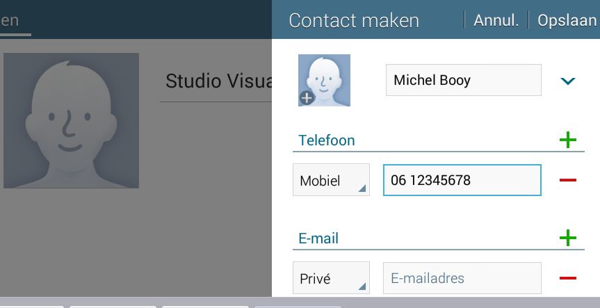 116 Samsung Galaxy Tab 4 voor senioren In dit voorbeeld wordt een fictieve contactpersoon toegevoegd.
