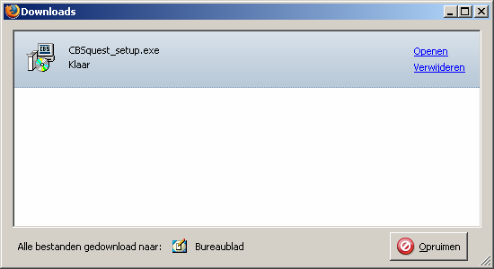 Figuur 10: Scherm: CBSquest_setup.exe openen Klik op <Bestand opslaan> om het bestand te downloaden. Als dit downloaden gereed is, verschijnt het scherm Alle bestanden gedownload.