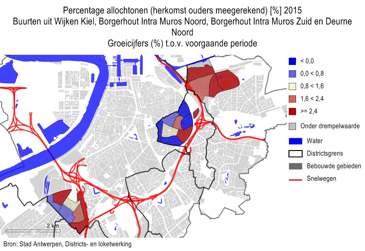Kaart 1: Bevolking 2015 Deze laatste kaart geeft de procentuele stijging weer van het aantal allochtonen in Wijken: