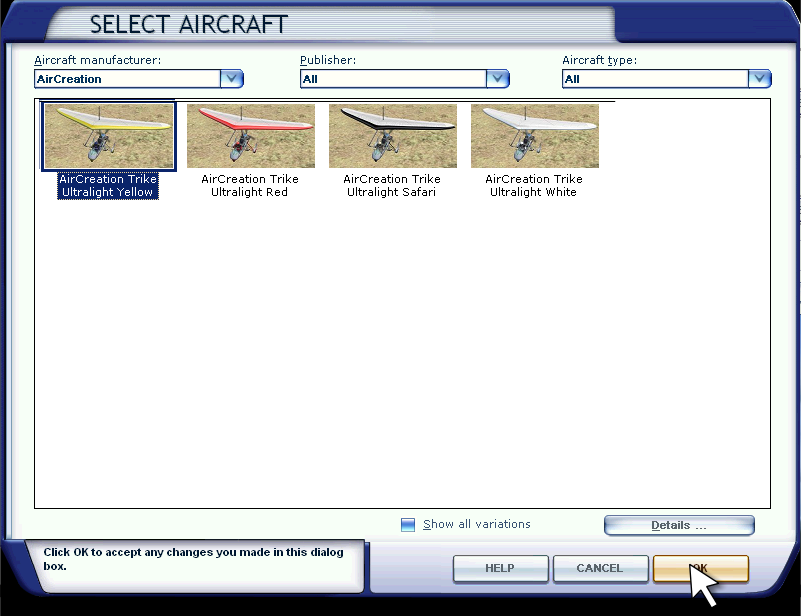 Hoofdstuk 2 Vliegles in de Ultralight 37 Alle beschikbare modellen van het vliegtuig worden getoond: U kunt van de getoonde modellen ook de andere variaties zichtbaar maken: Klik op