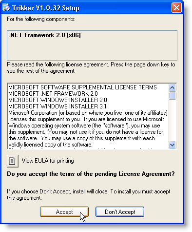4. Er verschijnt opnieuw een beveiligingswaarschuwing. Klik op Uitvoeren. 5. Om Trikker te kunnen installeren, dient het Microsoft.Net Framework 2.0 op uw PC aanwezig te zijn.