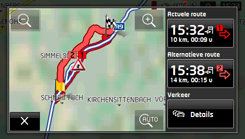 Nieuwe berekening: Op verzoek Als u de waarde Op verzoek heeft gekozen, dan wordt op de knop de afstand tot de gemelde verkeersbelemmering weergegeven.