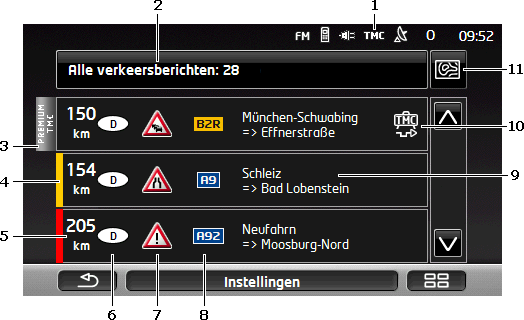 Opmerking: Als u op een verkeerssymbool (in de afbeelding: het kaartfragment van het venster PREVIEW TMC drukt, wordt een venster met detailinformatie over deze melding geopend (zie "Afzonderlijke