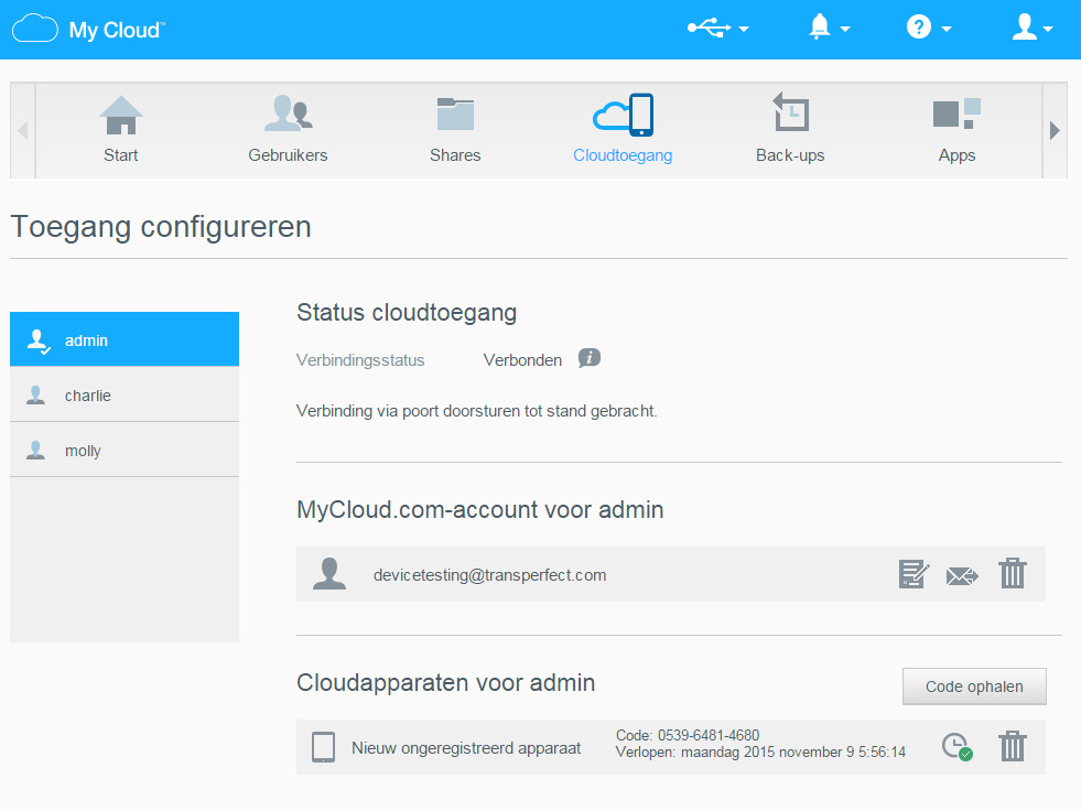 UW MY CLOUD-APPARAAT OP AFSTAND OPENEN 2. Selecteer de gebruiker. Zo geeft u de gebruiker toegang tot het MyCloud.com-account: 1. Als de gebruiker al MyCloud.