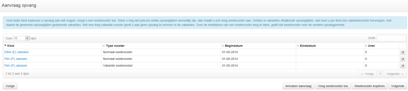 Klik op de rode knop met de prullenbak om de ingevulde opvangtijd te verwijderen. Klik op de knop 'Weekrooster bewaren' om het ingevulde opvangrooster te bewaren.