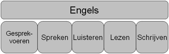 Hoofdstuk 5 Engels. Het Engels kent vijf onderdelen waarop je beoordeeld moet worden deze zijn: Figuur 4 Engels Het niveau waarop je wordt beoordeeld wordt bepaald door de opleiding die je volgt.