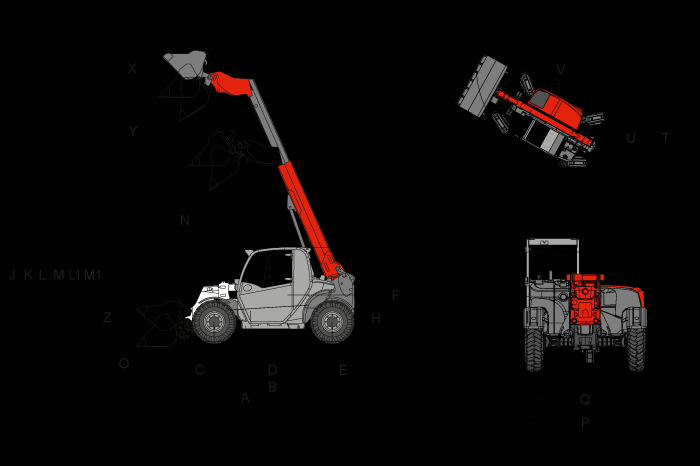 T4512 Telescooplader Afmetingen Standaard banden 10.0 / 75-15.3 AS ET-40 A Totale lengte 3.879 mm 3.879 mm B Totale lengte (zonder bak) 2.916 mm 2.