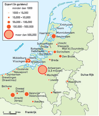Bron 3 De waarde van de export uit de Nederlandse gewesten. Gebruik bron 3. 5 Leg uit waarom deze kaart de situatie niet kan weergeven van na 1585, maar waarschijnlijk voor 1585.