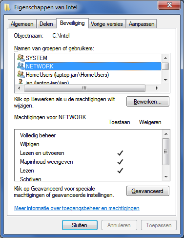 In het volgende scherm kun je, als je dat wilt, de rechten wijzigen.
