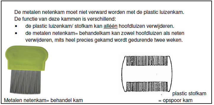 Kam gedurende 14 dagen elke dag het haar met een fijntandige metalen kam in combinatie met crèmespoeling. Welke kam moet u gebruiken: De metalen netenkam verwijdert neten en luizen.