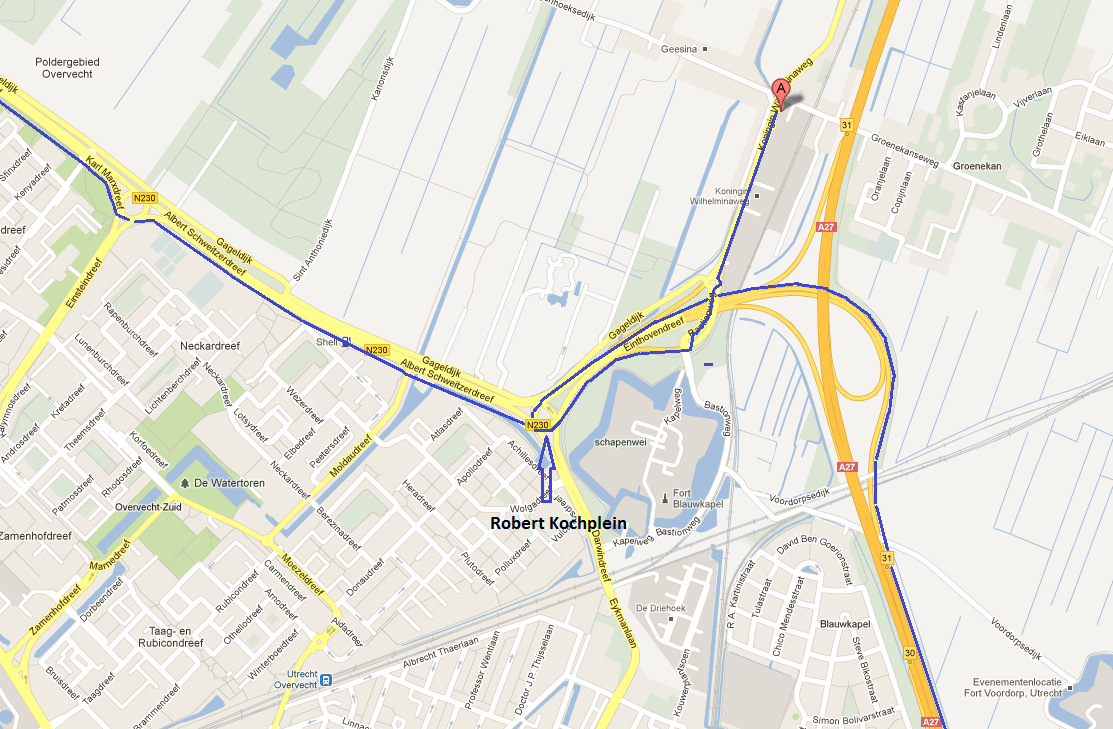 de afslag Groenekan / Maartensdijk nemen einde weg links op rotonde rechtdoor na 400 meter is de kazerne (A) aan de rechterhand.