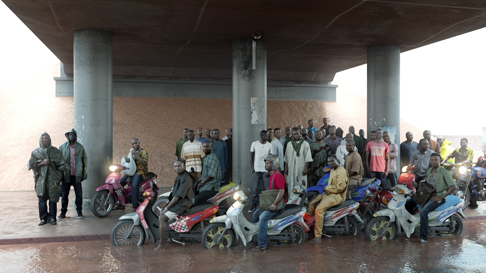 David Claerbout, Oil workers (from the Shell company of Nigeria) returning home from work, caught in torrential rain, 2013, Courtesy of the artist and galleries Yvon Lambert, Micheline Szwajcer,