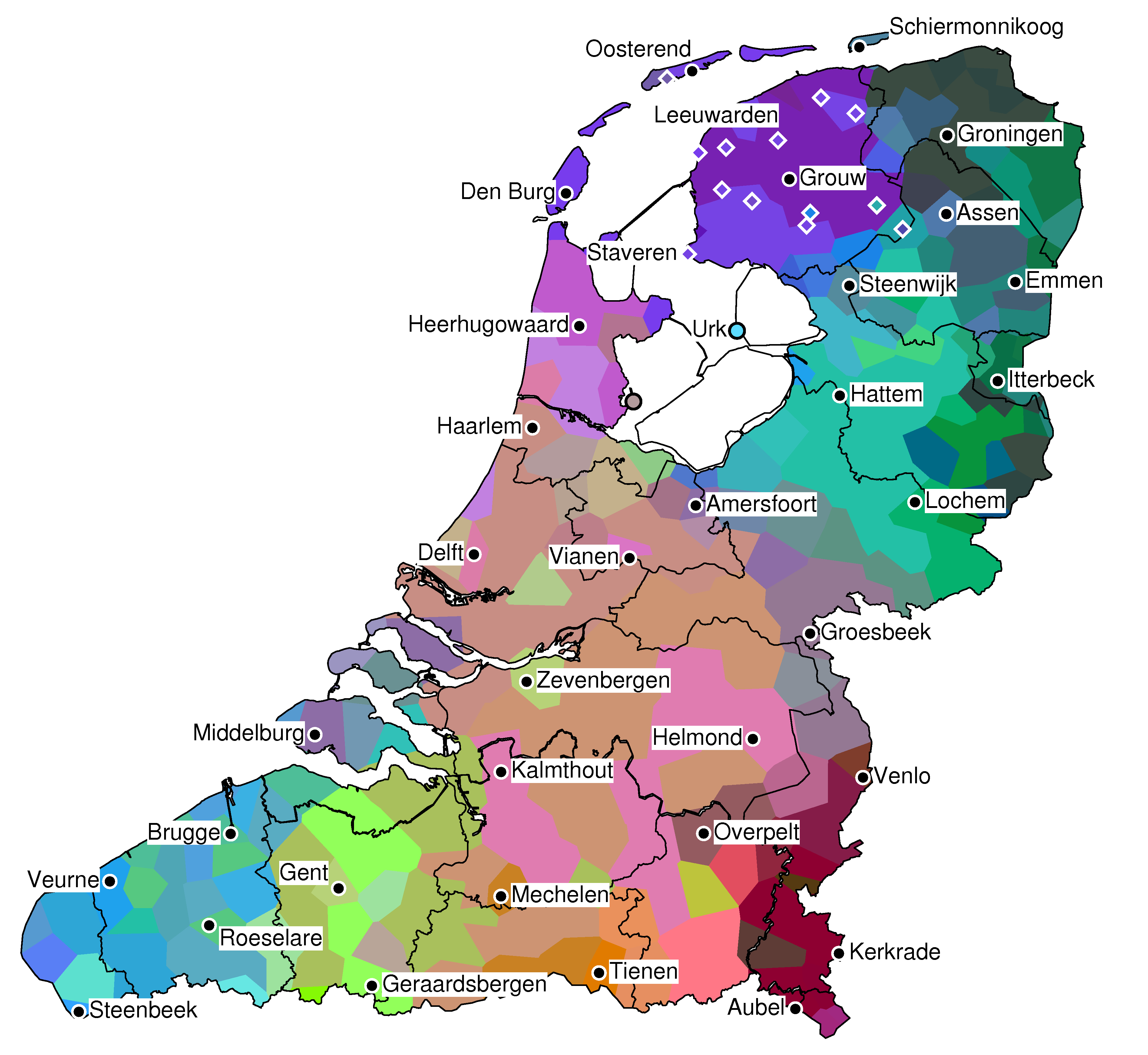 a. Isoglossenafstanden. a. Levenshtein-afstanden. b. De negen natuurlijke groepen op basis van isoglossenafstanden. b. De elf natuurlijke groepen op basis van Levenshtein-afstanden. c.