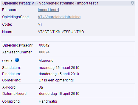 In het detailscherm is dan zichtbaar: Opleidingssoort ingevuld in de kolommen OpleidingsSoortCode en OpleidingsSoortNaam van de spreadsheet.