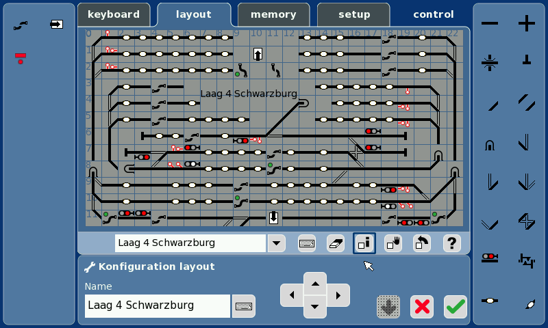 In onderstaande afbeelding is de layout in de programmeermodus gezet via de moersleutel.