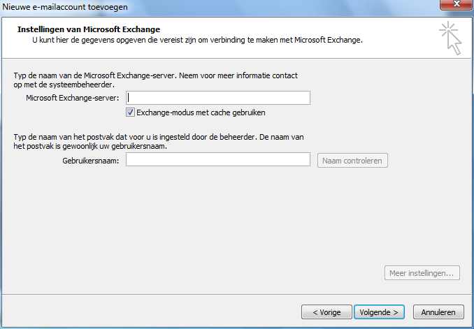 2.3.2 Outlook instellen Selecteer Microsoft Exchange en klik op volgende, u krijgt dan dit scherm.