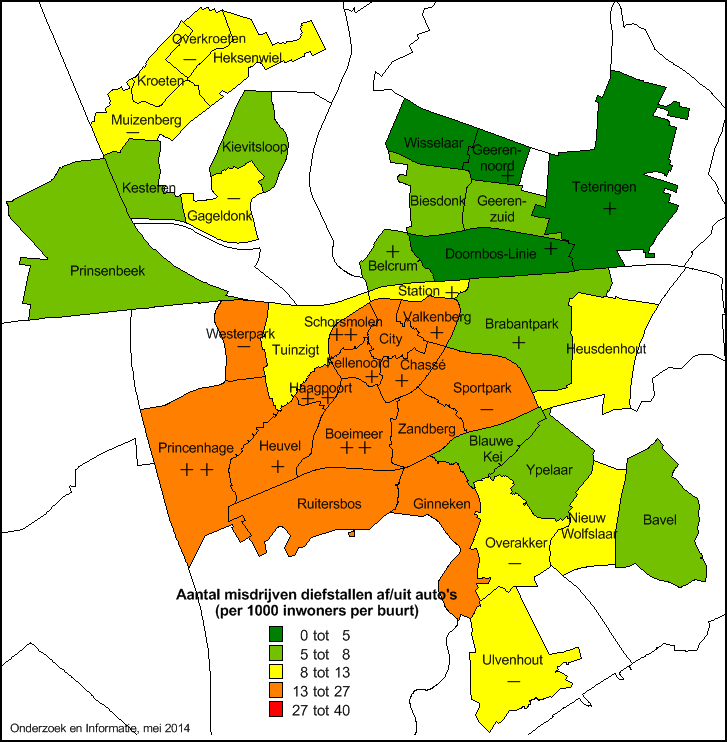 Gemeente Breda Veiligheidsmonitor 2014 Figuur 7 Aantal misdrijven diefstal uit/vanaf auto s per buurt in 2013 (per 1.