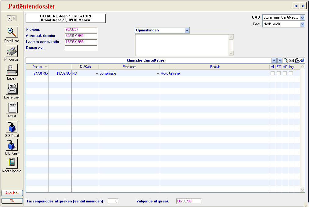 Het tweede scherm van het patiëntendossier wordt gebruikt als basis voor de
