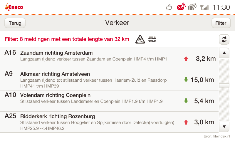 4.6 Verkeersinformatie bekijken Ga naar Menu en druk op Verkeer. Hier kunt u zien waar op dit moment files staan.