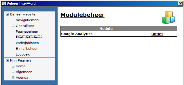 Modulebeheer. Kies optie Modulebeheer om: Gedetailleerde statistieken van uw website inzichtelijk te krijgen met Google Analytics.