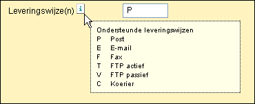 Leveringswijze(n): De volgende leveringswijzen zijn gedefinieerd: Code Betekenis Toelichting P Post E E-mail Hiervoor is een e-mailadres benodigd.