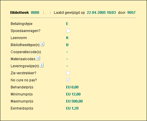 Afb. 43 Scherm Tarief kopielevering Toelichting op het scherm Tarief kopielevering: Bibliotheek Hier wordt het instellingsnummer vermeld.