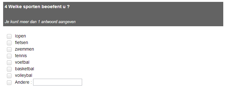 Meerkeuzevraag meerdere keuze Bij een meerkeuzevraag meerdere keuze kan de respondent meerdere keuzes aanvinken.