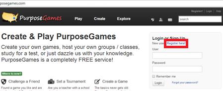 3.2 Registeren bij PurposeGames 1 Ga naar de website (http://www.purposegames.