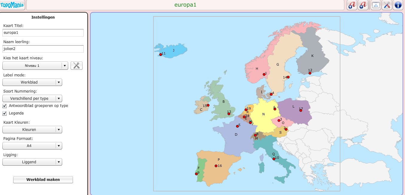 2.4 Maken van een werkblad 1 Ga naar de juiste kaart. 2 Klik op werkblad maken. Illustratie 17: Een werkblad maken in TopoMania 3 Rechts zie je de kaart. Links heb je enkele instellingen.