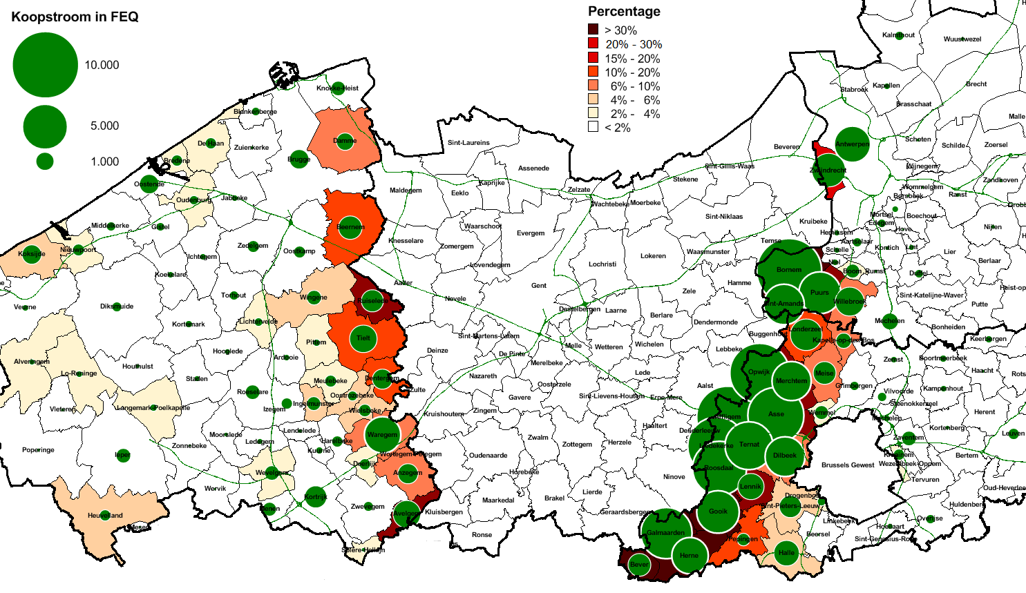 Figuur 12: Aantrekking van koopstromen voor periodieke goederen vanuit de provincie Oost-Vlaanderen Bron: Geo Intelligence en MAS