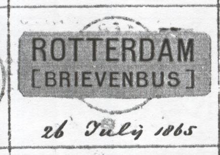 Rotterdam [ Brievenbus ] Een zeer specifiek treinhaltestempel werd door het postkantoor Rotterdam in gebruik genomen op 26 juli 1865. Dit was het tweeregelige stempel ROTTERDAM [BRIEVENBUS].