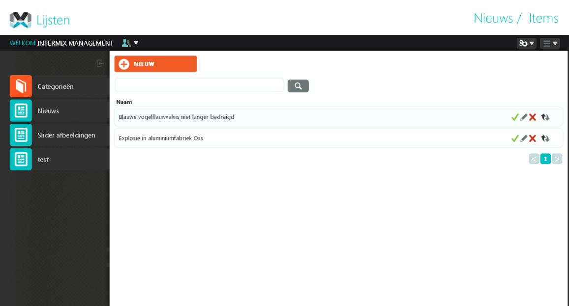 In de lijsten module wordt er links in het navigatiemenu en het overzicht de reeds aangemaakte categorieën weergegeven.
