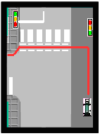 Stelt de verkeerslichtjes voor voetgangers in werking indien aanwezig. Als voetgangerslicht groen is links en rechts kijken (tweemaal na elkaar).