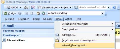 8. Afwezigheidassistent Hieronder wordt uitgelegd hoe je de afwezigheidassistent inschakelt vanuit Outlook 2007. 1. Start outlook 2007 op. 2. Klik bovenin de menubalk op 'Extra'.