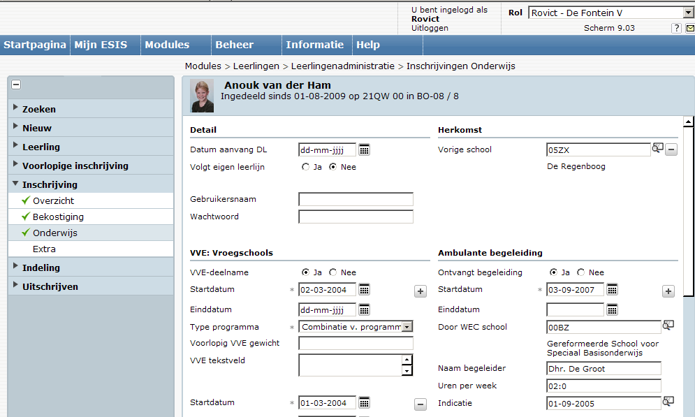 12.5 Tabblad Leerling - Inschrijving - Onderwijs (rubriek VVE: Vroegschools) Periodegegevens Vroegschools Startdatum Type programma Einddatum Via de + toets kunt u meerdere periodes invoeren Datum