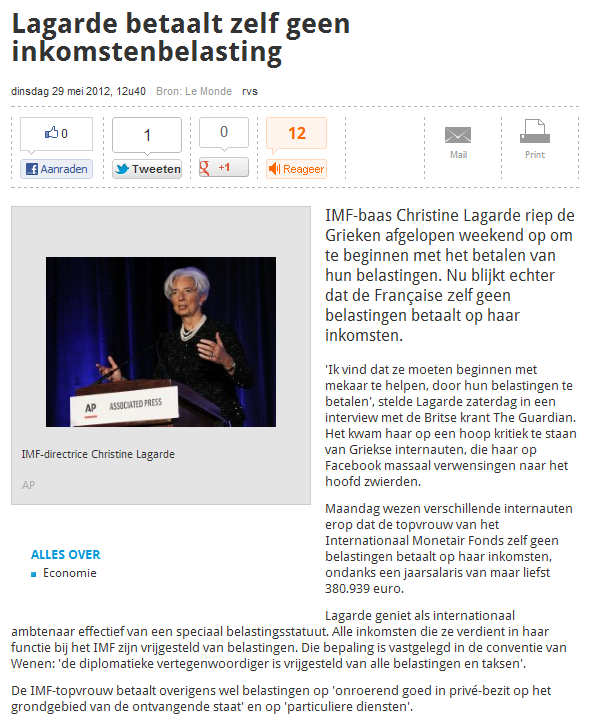 Mei-31/05/ 12 Artikel 1 IMF-baas Christine Lagarde die heel rijk is deelt aan de Grieken mee dat ze moeten beginnen met mekaar te helpen door hun belastingen te betalen op alles.