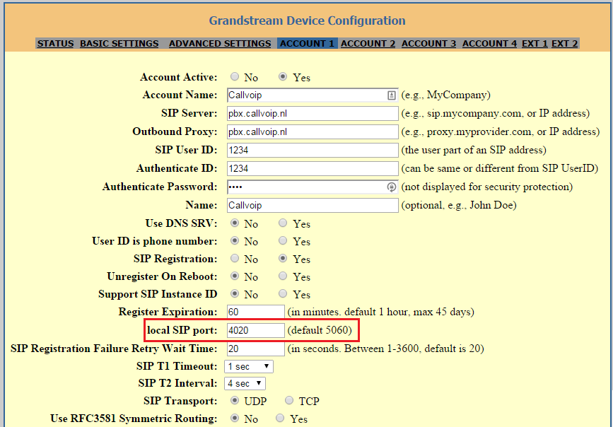 Ga naar tabblad [account 1] 3. Vul bij [local SIP Port] een getal in tussen de 40
