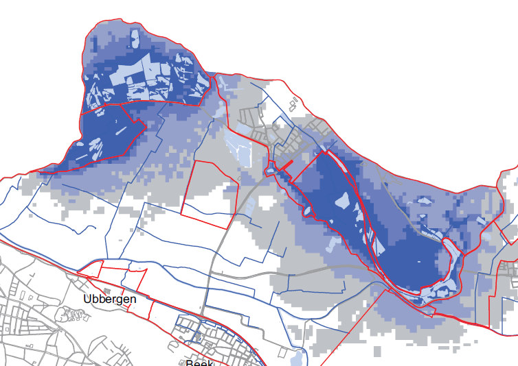 Afbeelding VIII.1. Effect maximaal peilscenario Ooijpolder op de GVG B. Maximaal scenario dempen ontwatering rondom De Bruuk Dit scenario omvat een aantal maatregelen.