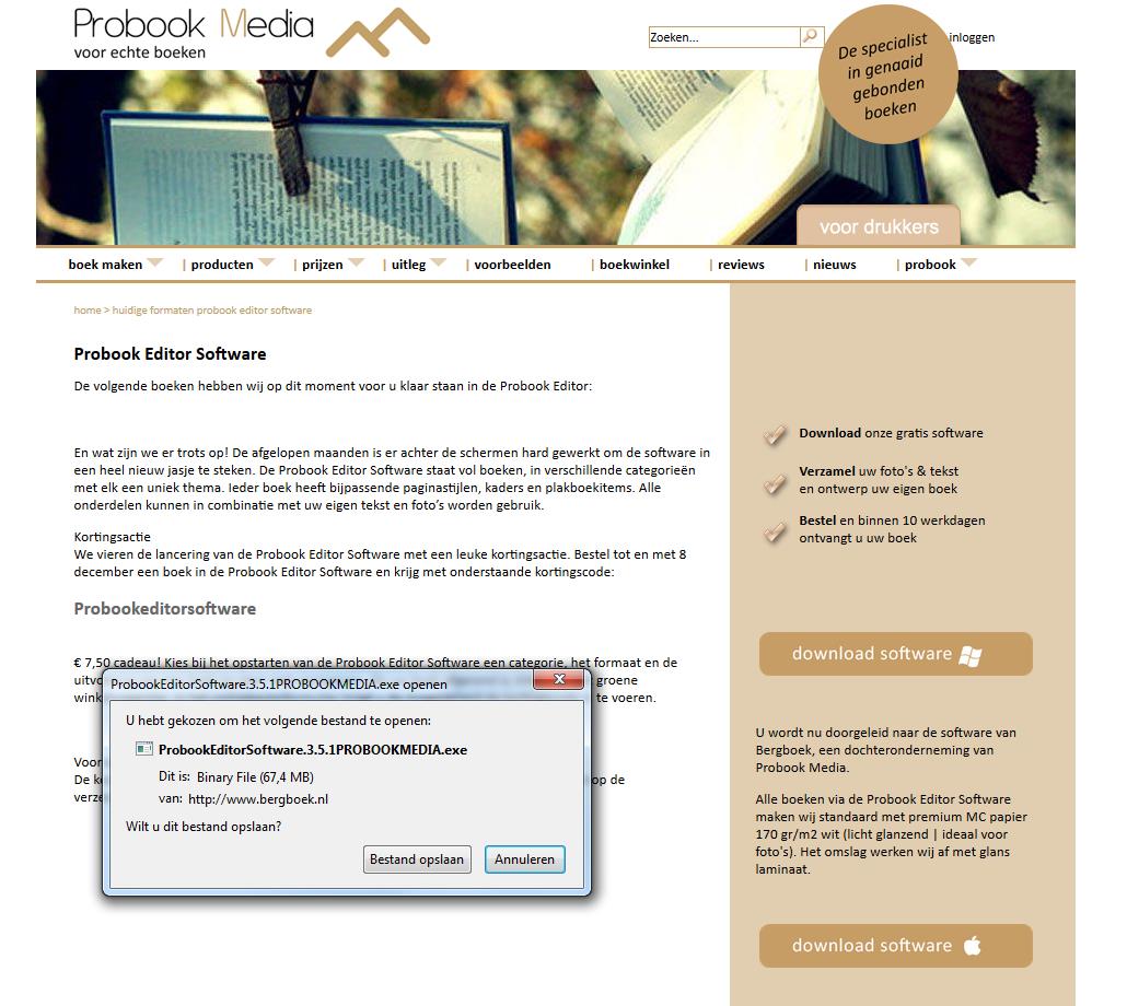1. Downloaden en installeren Klik op de knop Download software Windows of Download Software Apple. Nu verschijnt de pop-up Probook Editor Software 3.5.1. exe (voor Windows gebruikers) of Probook Editor Software 3.