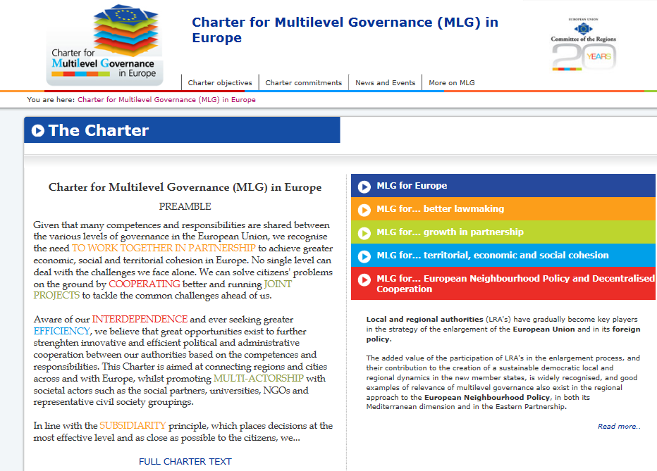 Naast de tekst van het Handvest wordt op de website ook een aantal praktische voorbeelden gegeven van mogelijke toepassingen en aanbevolen methoden van multilevel governance op verschillende