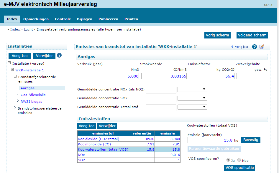 Handleiding RWZI-rekentool v2015 en e-mjv voor zuiveringbeheerders - 11 - VOS specificatie (van toepassing op de Verbrandingsemissies van Aardgas, Gas-dieselolie en RWZI biogas) Let op: in het