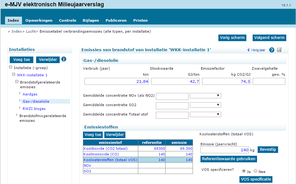 Handleiding RWZI-rekentool v2015 en e-mjv voor zuiveringbeheerders - 12 - Onder het kopje Emissiestoffen kun u de optie Voeg toe aanklikken en kunt u in een popup menu de emissiestoffen kiezen die