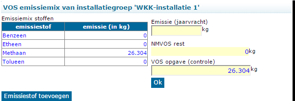 Deze bedraagt: 24.950 + 1.353 = 26.304 kg CH4 per jaar (het totaal van D73 en D74). De jaarvracht NMVOS-rest wordt nu automatisch op 0 kg/j gesteld.