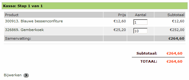 Bestelling Plaatsen De tweede knop in de mandje module is de bestelling plaatsen knop. Met deze knop bekijkt u de inhoud van uw mandje zoals te zien is op het onderstaande voorbeeld.